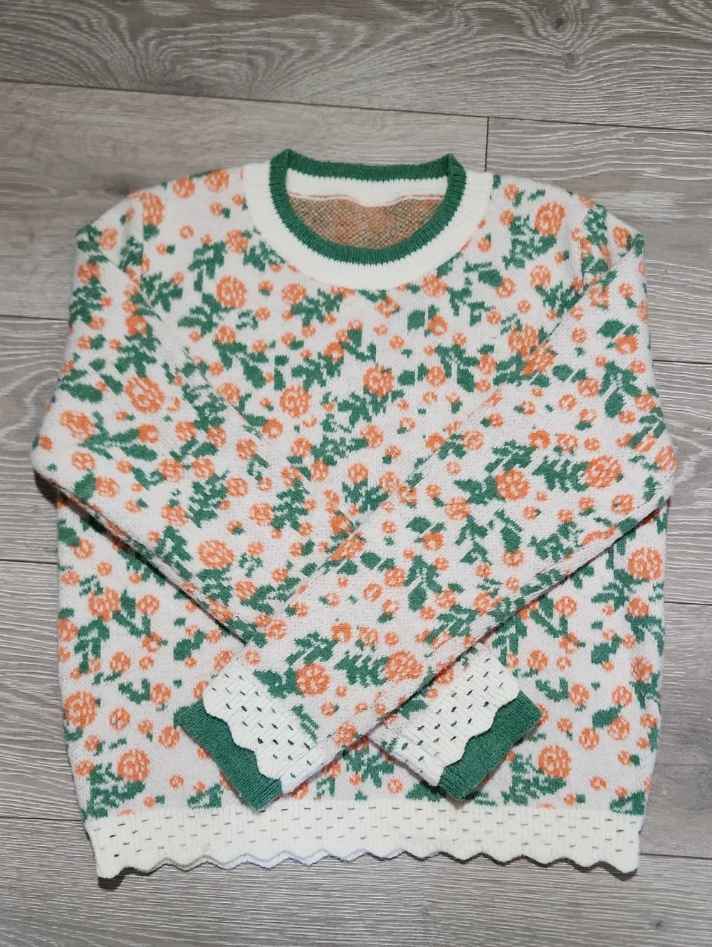 Coquette Orange Green Floral Scalloped Open Knit Sweater Crop Size Small